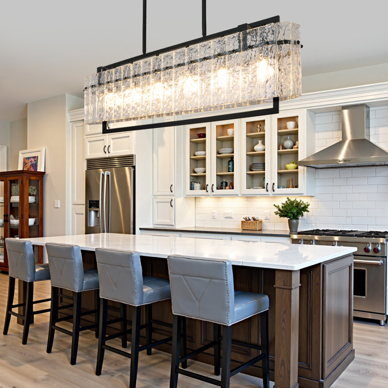 40'' 6-Light Black Linear Chandelier with Water Ripple Textured Glass Panels – Industrial Pendant Lighting for Kitchen Island & Dining RoomIsland Living Room Rectangular Lighting