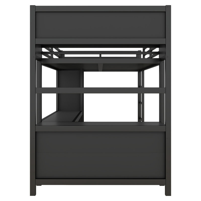 Lit mezzanine double en métal avec garde-robe, bureau en L, cubes de rangement et tablettes, Noir