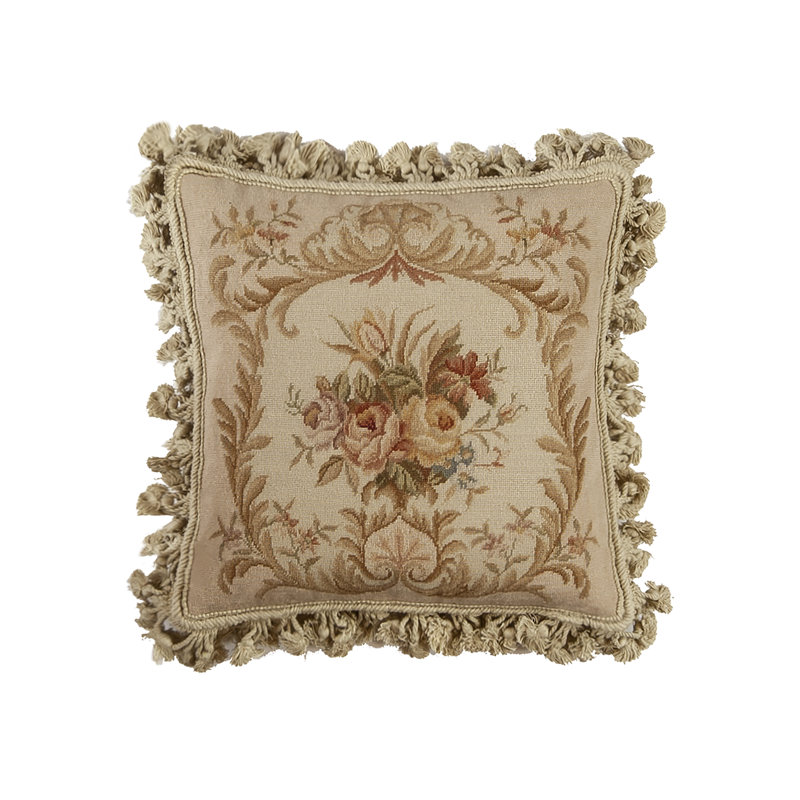 Needlepoint Fringed Reversible Throw Pillow, Square 16", Brown Floral 17