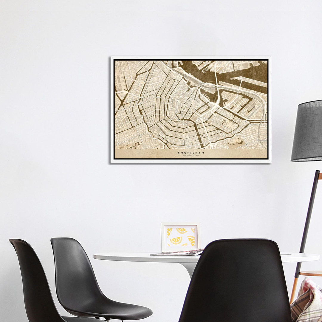 Sepia Vintage Map Of Amsterdam von Blursbyai - Galerie-verpackte Leinwand Giclée