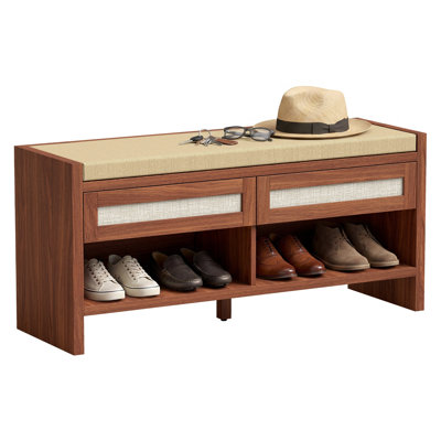 Banc de rangement pour chaussures avec 2 tiroirs en rotin, siège rembourré d'aspect lin et tablette ouverte pour vestibule, H 42,5 po, brun