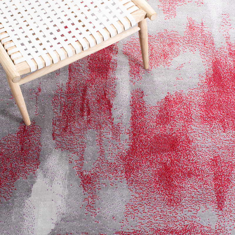 Tapis gris / rouge à motif abstrait, Rectangle 9 pi x 12 pi