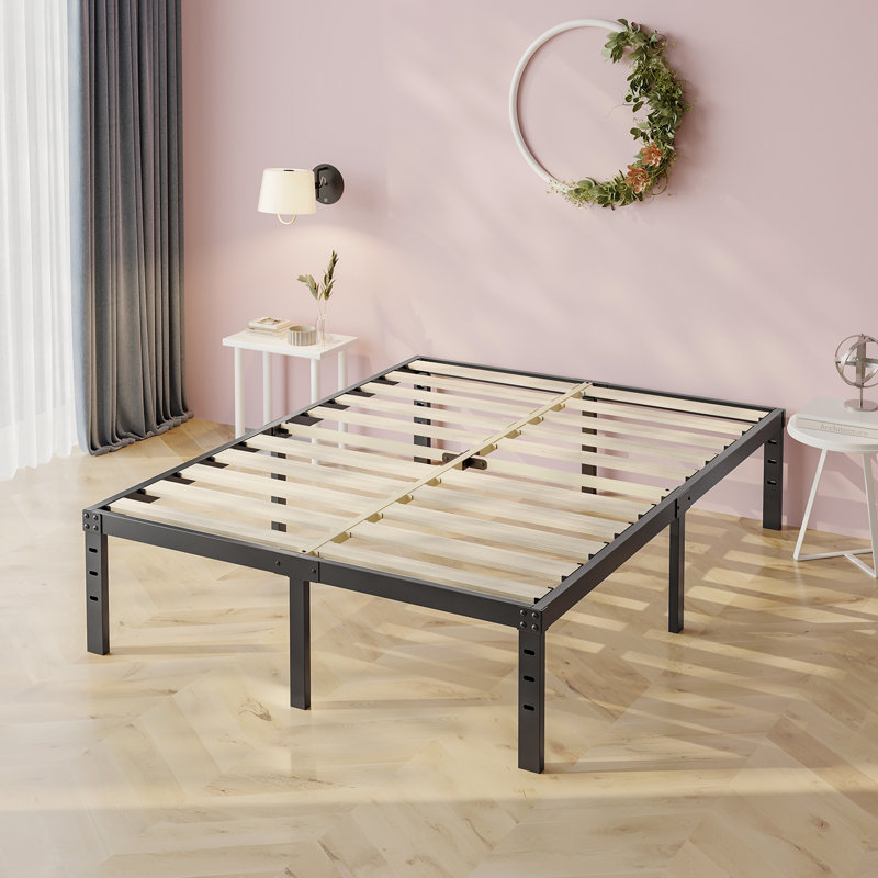 16 Inch Metal Platform Bed Frames With Wood Slat Support, Heavy Duty Mattress Foundation, Queen