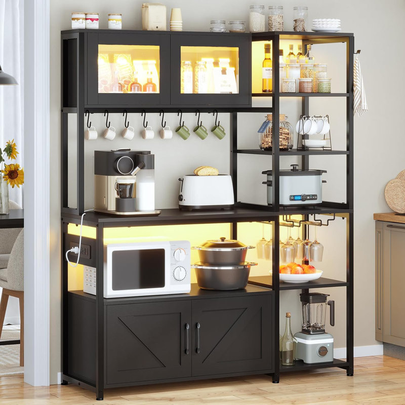  Akers 45.3" Baker's Rack With Power Outlet And Led Light, Farmhouse Coffee Bar Cabinet, Black