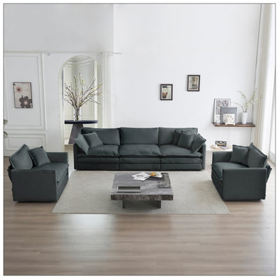 Ensemble de canapé de 3, 1 + 1 + 3 sièges, ensemble de canapé de salon, fauteuil d'appoint, causeuse et canapé à trois places, ensemble de canapés à accoudoirs ronds de style moderne 3 pièces, chenille grise