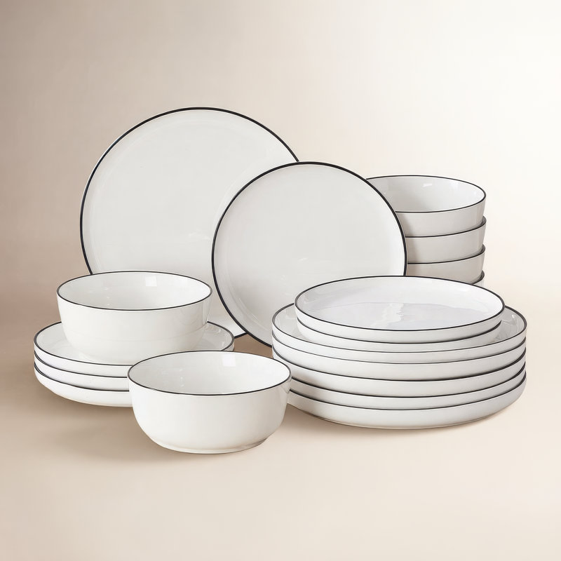 18-Piece Ceramic Dinnerware Set, White/Black