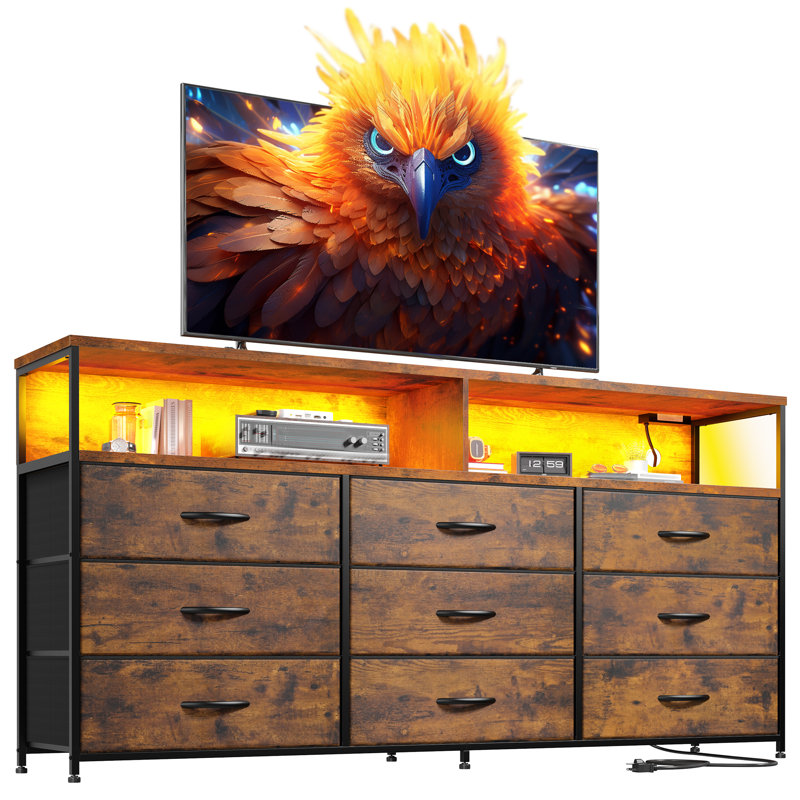Commode 9 tiroirs de 55 po avec tablette ouverte à 2 niveaux, commode de chambre à coucher avec prise de courant et lumière DEL