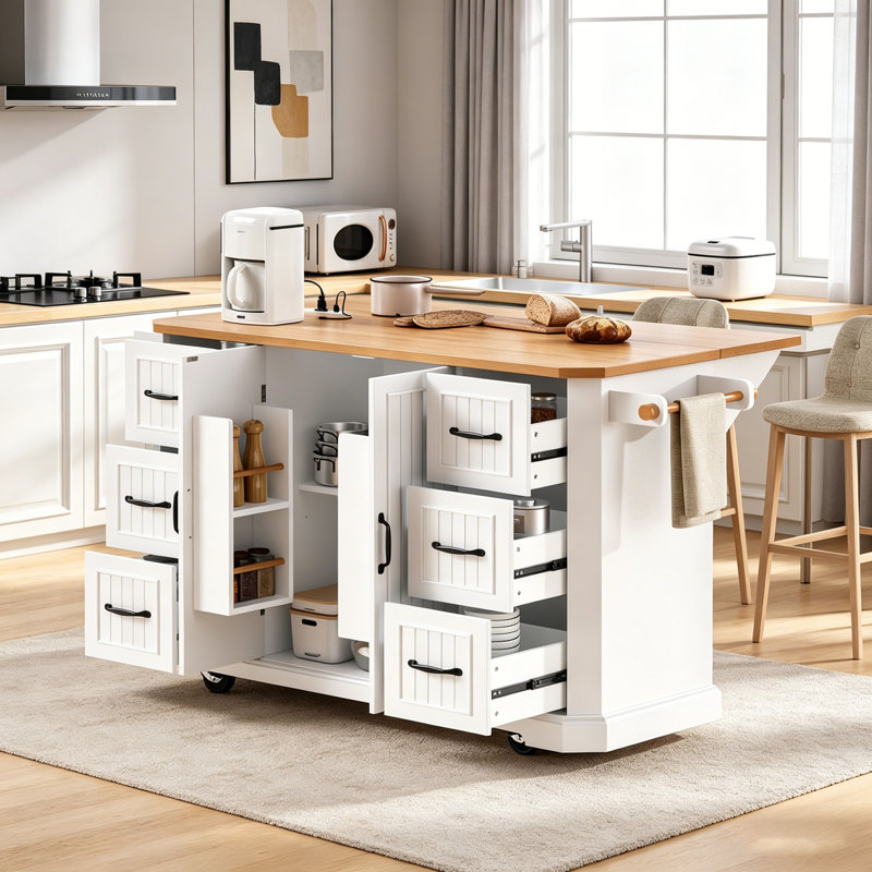 Rustic Rolling Kitchen Island with Drop Leaf, Power Outlet, and Ample Storage on 4 Wheels for Modern Kitchens and Dining Rooms