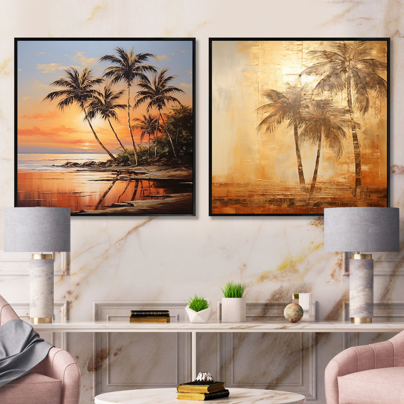 Palmier, escapade tropicale, coucher de soleil, bronze, plage - ensemble de 2 palmiers et palmiers carrés, H 16 po x l 33 po