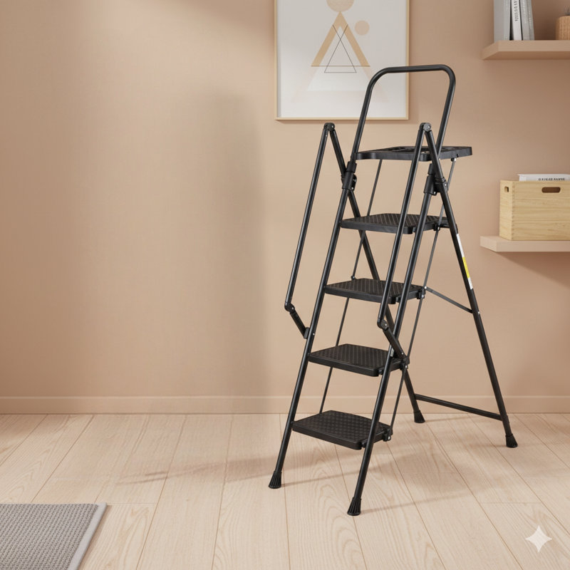 Tabouret échelle pliable en quatre étapes avec pédales larges antidérapantes, poignée antidérapante, pieds antidérapants, fabrication en acier robuste avec capacité de charge de 330 livres, idéal pour les environnements résidentiels et de bureau.