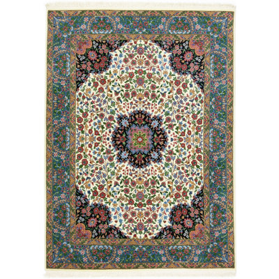 Poppy-Grace Floral Handmade Hand-Knotted Rectangle 5'8" x 8' Wool Area Rug in Blue/Black/Yellow