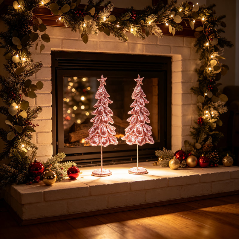 Ensemble de 2 figurines décoratives coniques en maille pailletée à volants, en forme de sapin de Noël, à poser sur une étagère, un foyer ou une table. Décoration saisonnière pour la maison.