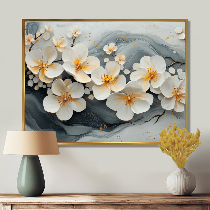 Velours noir fleurs de cerisier I - art mural encadré fleur de cerisier, H 34 po x l 44 po, Cadre flottant, Doré