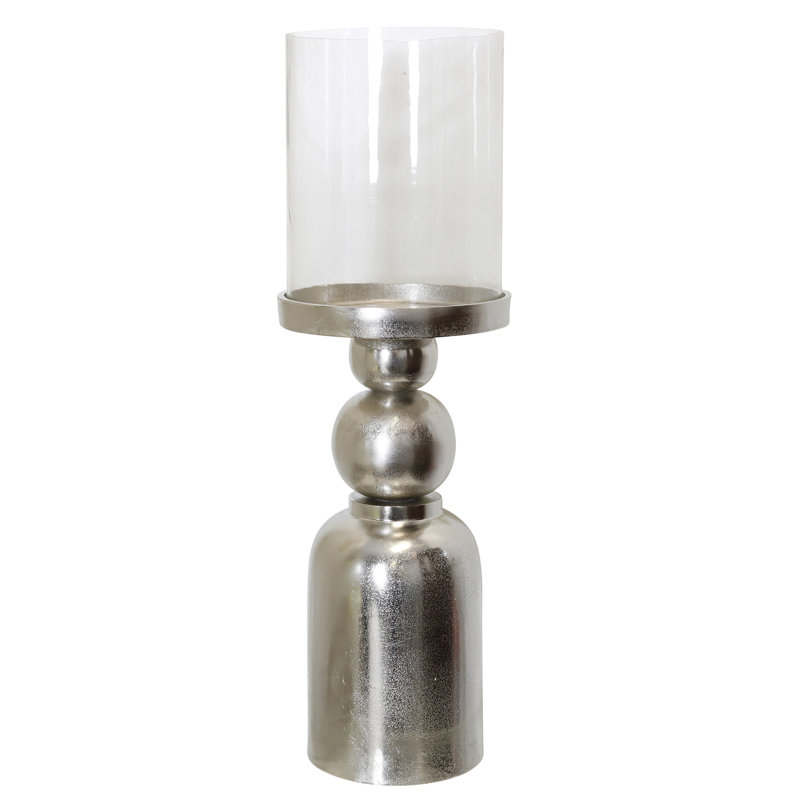 Binx - Grand porte-bougie - Base en métal plaqué nickel - Verre transparent, H 31 po x l 9,5 po x P 9,5 po