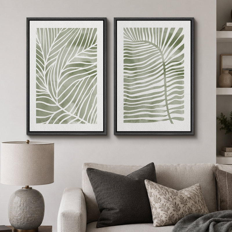 Abstrait botanique «feuilles de palmier tropical vert sauge délavé, images murales minimalistes modernes et simples, impression sur toile encadrée 2 pièces, ensemble de 16 x 24 x 2, 24 x 36 x 2