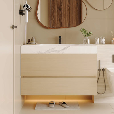 Meuble-lavabo flottant moderne 29,9 po avec comptoir en faux marbre et lavabo encastré en céramique, fixation murale pour petites salles de bain et appartements