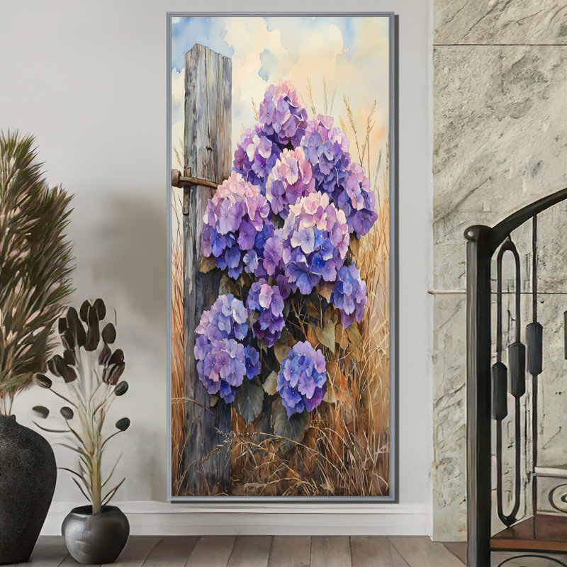 Hydrangées à la clôture de la ferme II - art mural grand hortensia, H 60 po x l 28 po, Argent argent