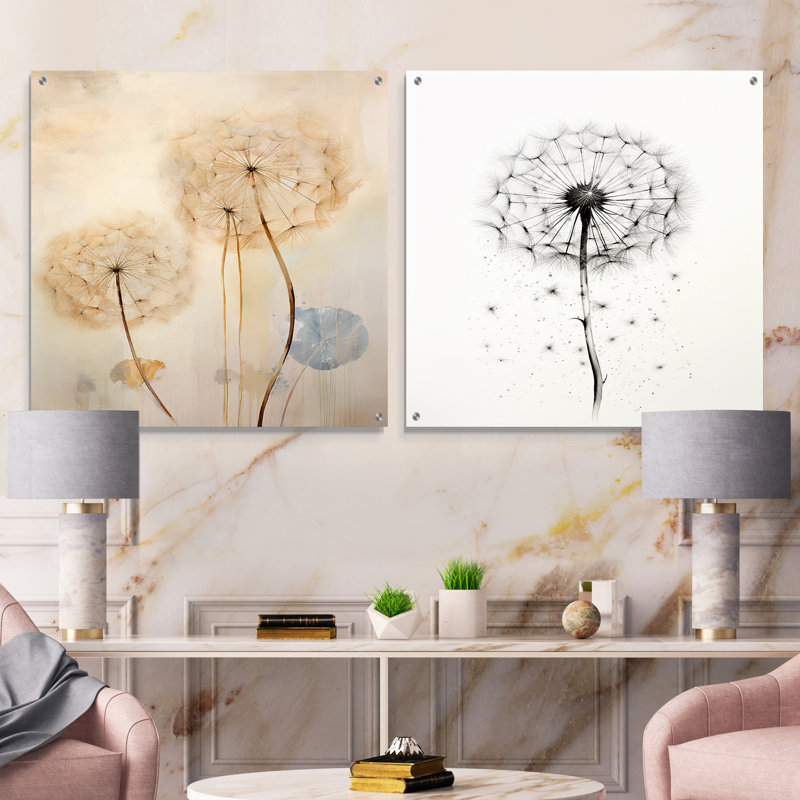 Dandelion Mute Tone IV - Ensemble de 2 verres muraux en acrylique, H 36 po x l 73 po