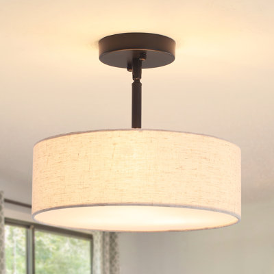 Ihor 3-Light 12.6" Wide Modern Drum Linen Blend Semi Flush Mount Ceiling Light with White Fabric Shade-12.6" W x 10.83" H