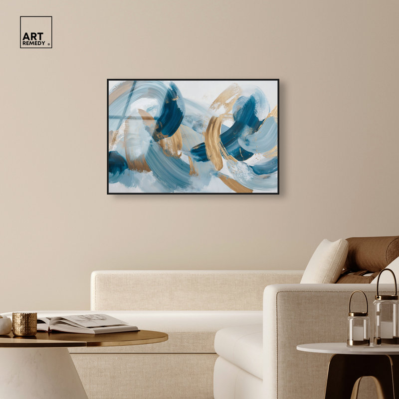 "Blue Tide III", reproduction d'art acrylique encadrée bleue et dorée par Art Remedy, cadre blanc, 30 x 20, H 21 po x l 31 po
