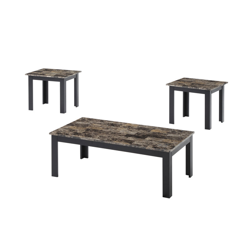 Ensemble de 3 pièces Table basse rectangulaire de style traditionnel Table de bout carrée Pieds en bois Plateau en faux marbre Mobilier en bois brun
