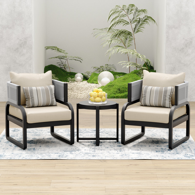 Ensemble de conversation d'extérieur 2 places avec coussins Rana, Cadre mat noir / toile lin coussin Sunbrella