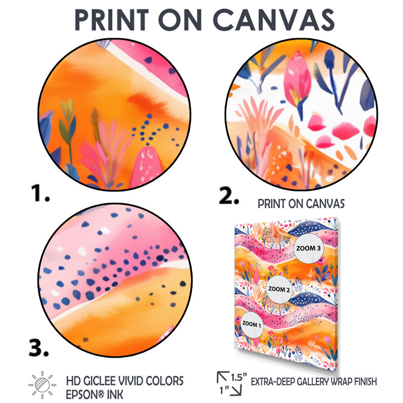Rose, orange, abstrait, paysage boho II, Encadrement argenté, H 16 po x l 32 po