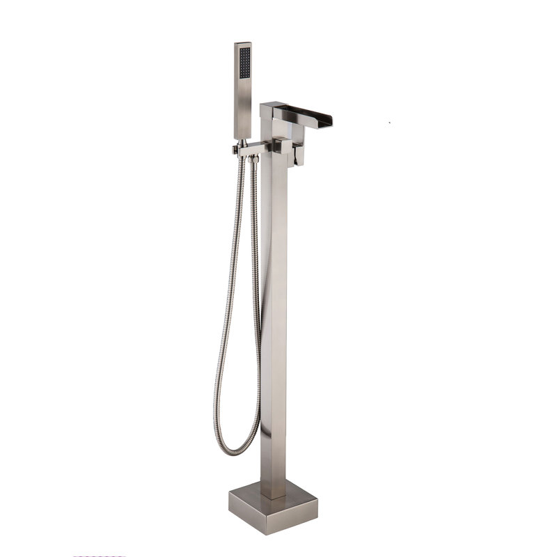 Robinet de baignoire autoportant monocommande à fixation au sol avec douche à main, Nickel brossé