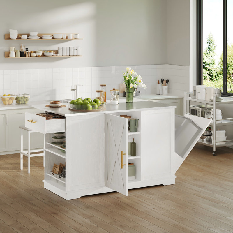  Îlot de cuisine avec abattant et sièges, îlot avec rangement pour les déchets, Blanc