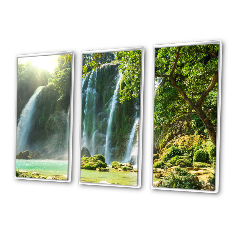 «Spring Waterfall In Vietnam - Landscape», ensemble de 3 toiles encadrées, Cadre blanc, H 32 po x l 48 po x P 1 po