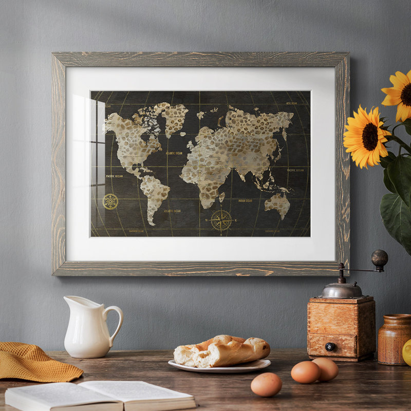 Safari - carte du monde - reproduction encadrée rustique avec tableau mat, Gris, H 28 po x l 42 po