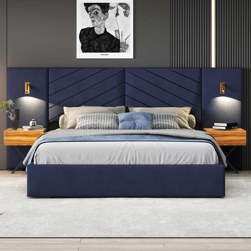 Velvet Bed Frame/Vertical Channel Tufted Wingback Headboard, King