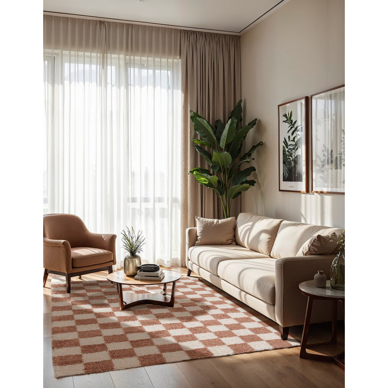 Chequered Shag Area Rug, Rectangle 160 x 230 cm, Cream
