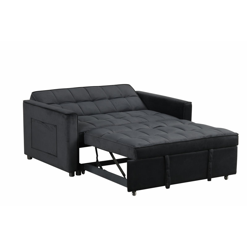 Causeuse convertible en velours noir l 53,5 po avec capitonnage et poches latérales, Gris