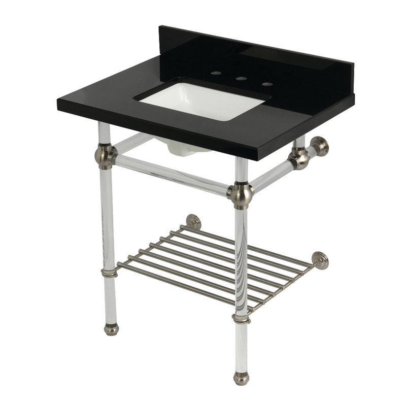 Évier console KVPK30KASQB1 en laiton Kingston de 30 po avec pieds en acrylique (8 pouces, 3 trous), granit noir / chrome poli Kingston