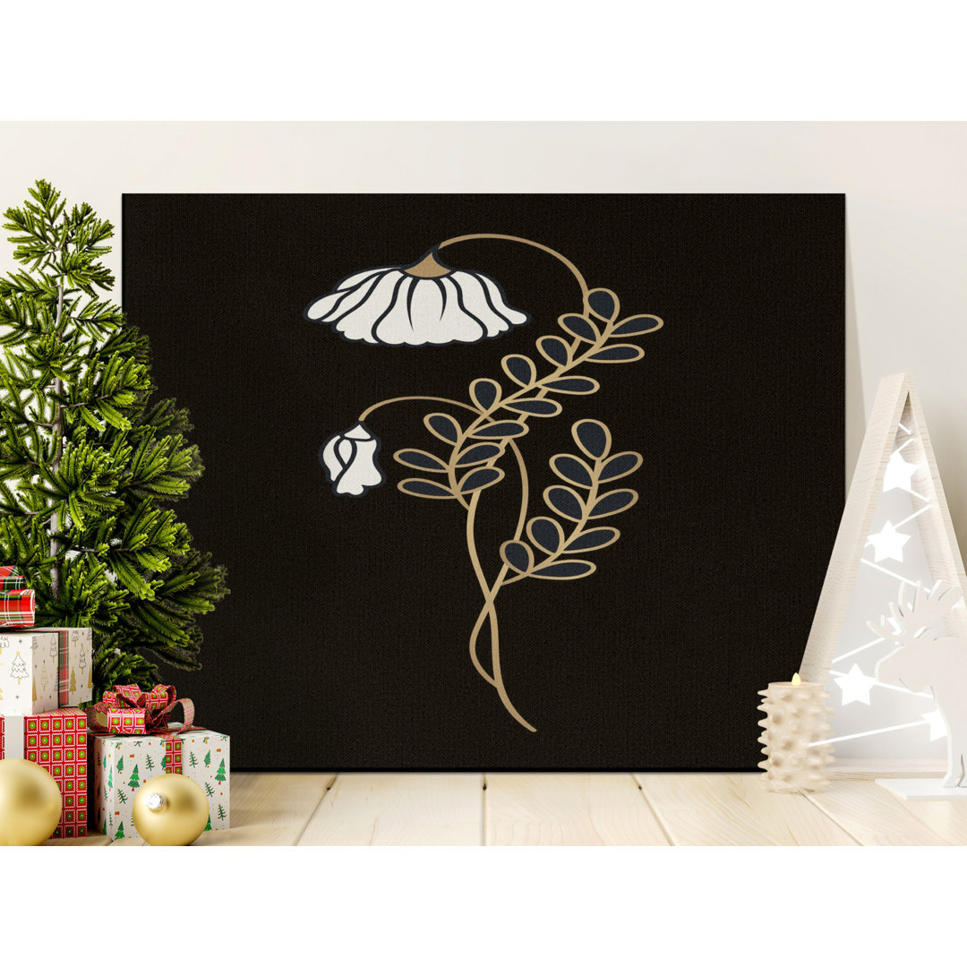 Modern Botanical Canvas Wall Art, Black Minimalist Floral Print with Faux Gold Accent, Elegant Luxury Home Decor Gift