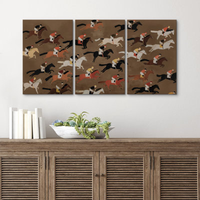 «Vintage Racehorse Riders Pattern Triptych», reproduction d'art sur toile encadrée 3 pièces