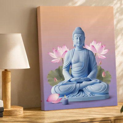 Toile, une statue de Bouddha serein repose gracieusement dans un environnement pastel doux entouré de délicates fleurs de lotus roses et toile