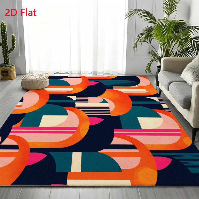 Abstract Geometric Pattern Area Rug, Vibrant Orange Pink Teal Circles and Lines, Machine Washable Non Slip, Indoor Decor for Living Room Bedroom Entryway Kitchen Apartment Modern Home