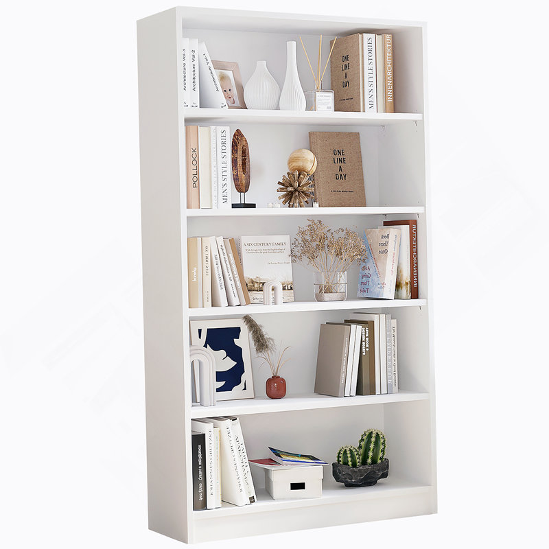 5 Shelf White Bookcase 60 Inch Tall Wood Bookshelf For Bedroom, Adjustable And Durable Storage Solution