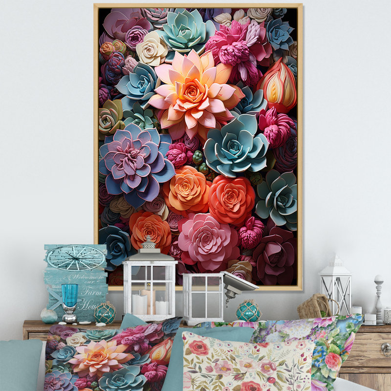 Larghetto Colorful Succulents Delight sur impression sur toile, Cadre naturel flottant, H 32 po x l 16 po x P 1 po