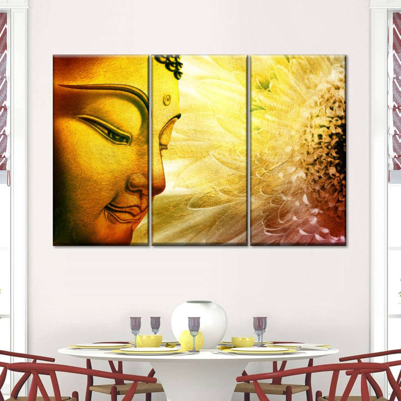 Noble bouddha sur toile, ensemble de 3 pièces, H 48 po x l 74 po x P 1,25 po