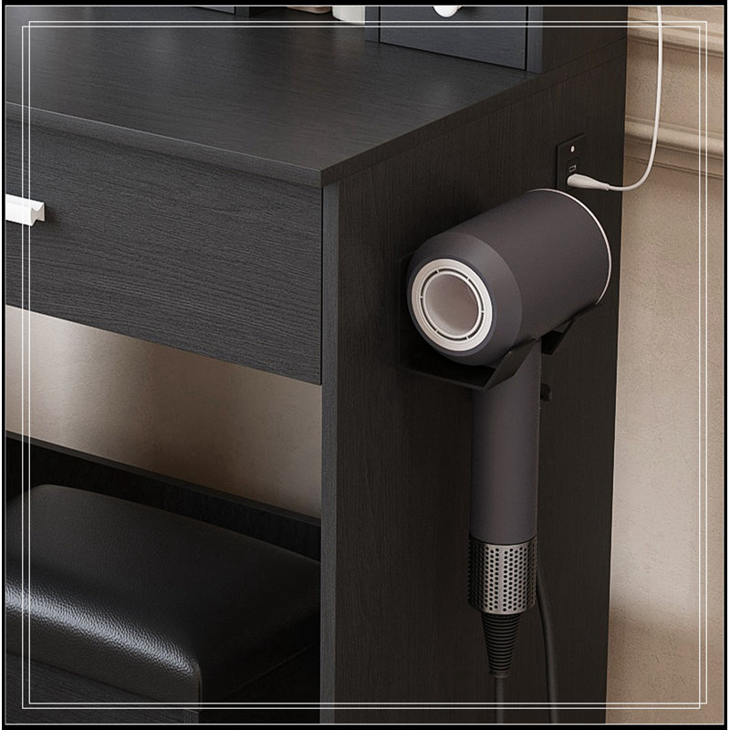 Table de coiffeuse avec miroir, lumières DEL réglables, prise de courant, support pour sèche-cheveux et tabouret, Black