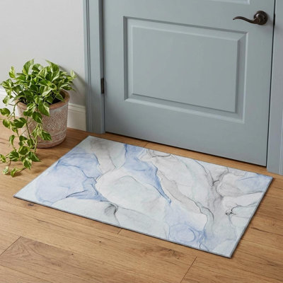 3' X 5' Blue And Ivory Abstract Washable Area Rug With UV Protection