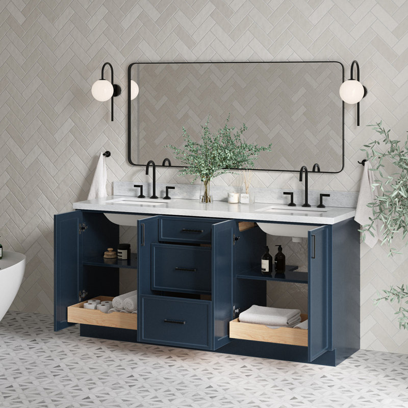 ARIEL Kelly 73 Double Sink Bathroom Vanity with Italian Carrara Marble Top, Midnight Blue