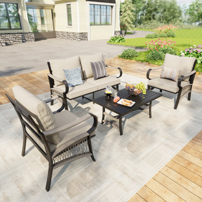 4 - Person Outdoor Conversation Set With Khaki Cushions & Coffee Table