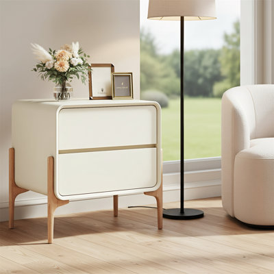 Table de chevet moderne, avec 2 tiroirs et surface en cortex doux, rails ultra-silencieux et pieds en bois massif, style d'angle arrondi sécuritaire