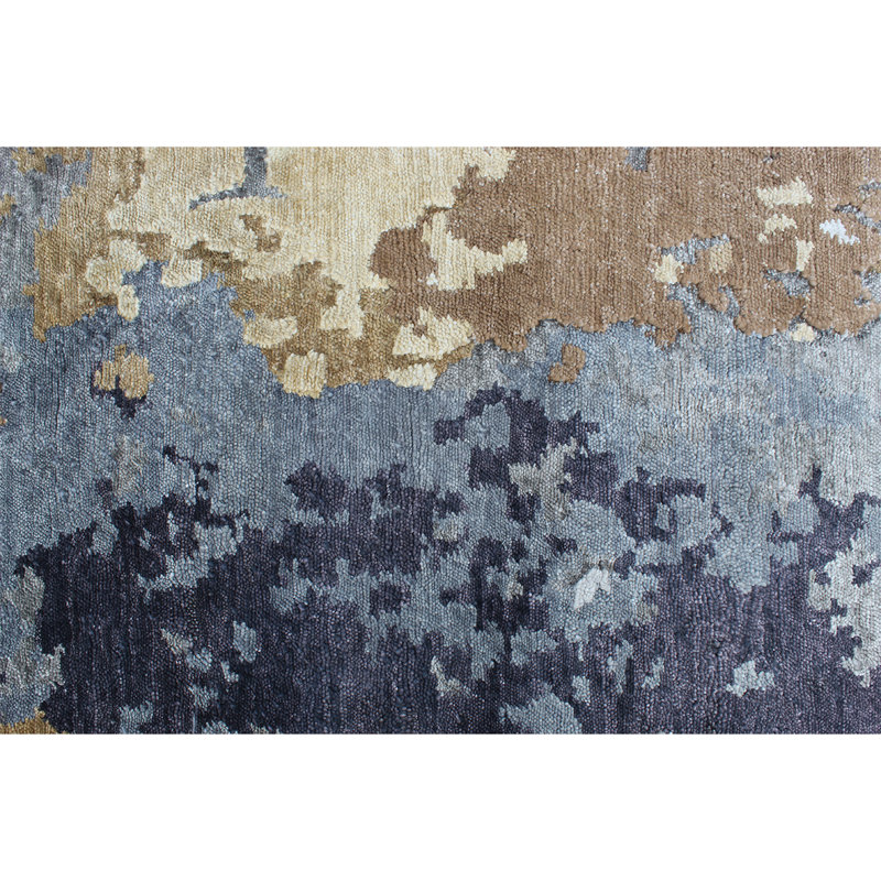 Tapis gris anthracite / bleu / noir noué à la main, Rectangle 6 pi x 9 pi