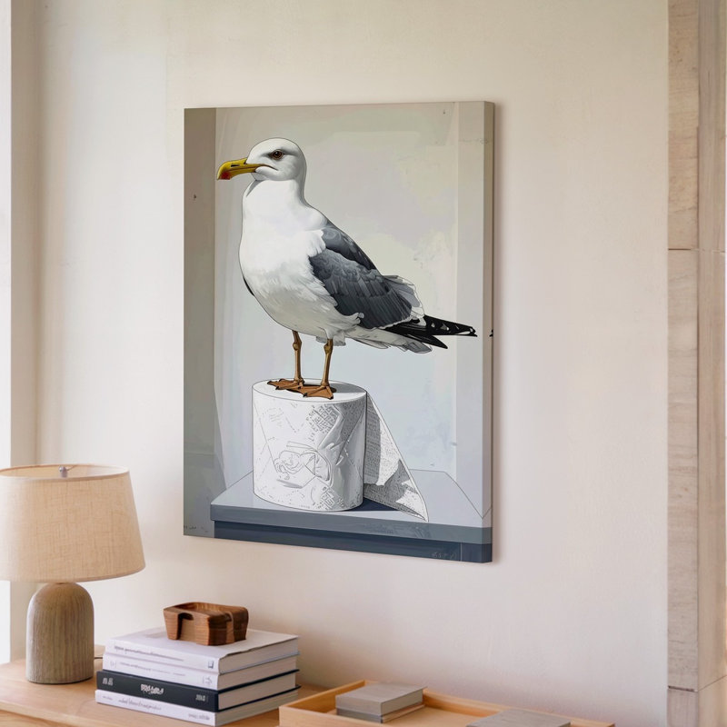Illustration murale originale d'une mouette debout sur un rouleau de papier toilette, H 12 po x l 9 po