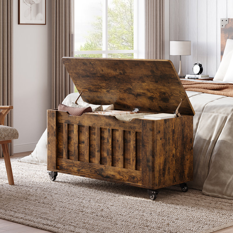 Grand banc de rangement en bois avec 4 roues - Coffre d'entrée de 39,4 po, 2 charnières de sécurité, supporte 350 lb, coffre à couvertures avec coins ronds et découpe en U pour le vestibule